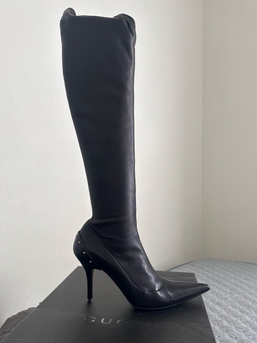 Gucci Black Leather Knee-High Pointed-Toe Stiletto Boot